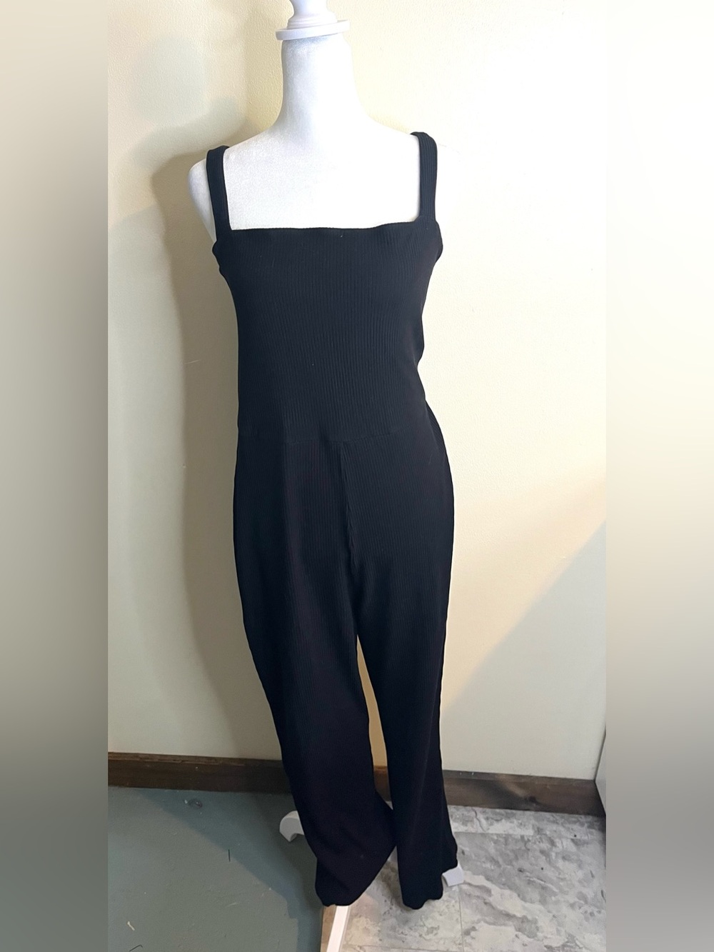Reformation Black Ribbed Square-Neck Jumpsuit Stretch Comfy